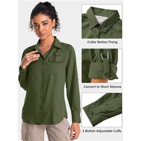 Women's UPF 50 UV Sun Protection Long Sleeve Safari Shirts Quick Dry Hiking - Picture 5 of 7